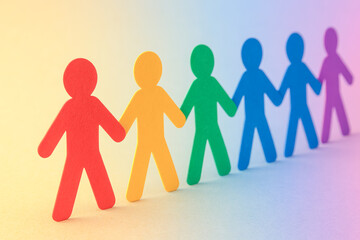Colorful paper cutout figures in a row, holding hands on a rainbow gradient background symbolizing inclusion, unity, and diversity.
