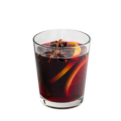 Warm mulled wine with spices and citrus slices in glass