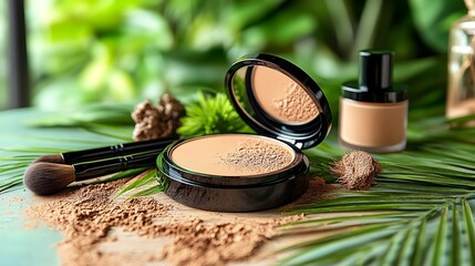 Open compact powder and loose powder makeup products displayed on a surface.