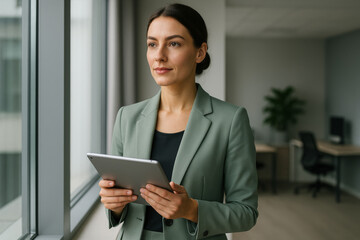 Confident Businesswoman in Sage Green Blazer Holding Tablet – Standing by Window in Modern Office