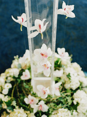 Elegant floral arrangement featuring orchids and greenery for a special occasion in a sophisticated...