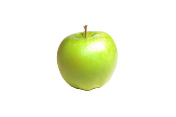 a green apple with a leaf sticking out of it