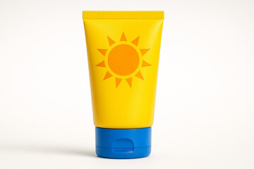 Yellow and Blue Sunscreen Tube with Sun Icon – Realistic 3D Summer Skincare Product Isolated on White