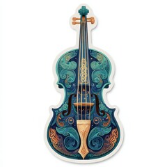 Naklejka premium Ornate illustration of a decorative violin featuring Celtic-inspired patterns in blue and green with golden details