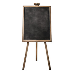 Stock photo of an empty chalkboard easel stand for menu or art display use on transparent background