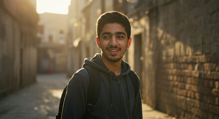 A happy and smiling young man wearing winter clothes and a bag on his back, and the background is a street with real estate