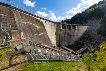 Electricity power plant and massive dam structure in Murau, Styria. Sperre Paal, Bodendorf.