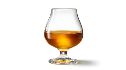 Elegant tulip-shaped glass filled with amber-colored liquid on a clean white background