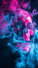 Obraz premium This striking image features a vibrant colored skull enveloped in neon smoke, showcasing a captivating blend of colors and abstract elements that evoke strong human emotions.