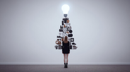 Woman facing a pyramid of everyday objects forming a lightbulb shape, symbolizing creativity, innovation, and modern ideas.