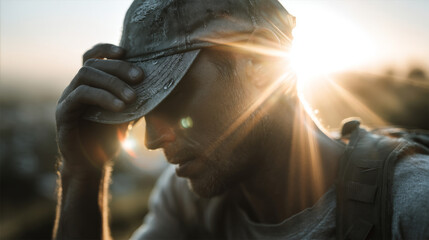 Close-up of a male traveler adjusting his cap in the sunlight