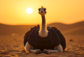 Ostrich resting on sand with sunset in desert background
