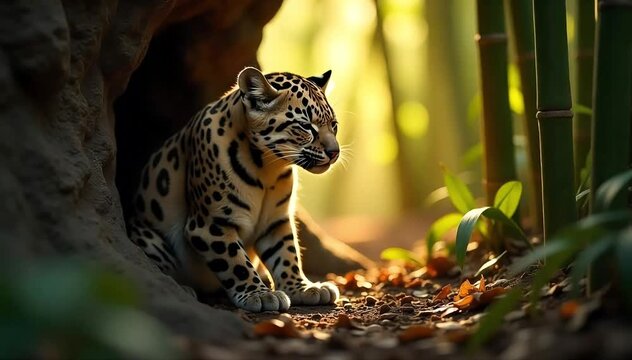 Clouded leopard crying softly near its den
