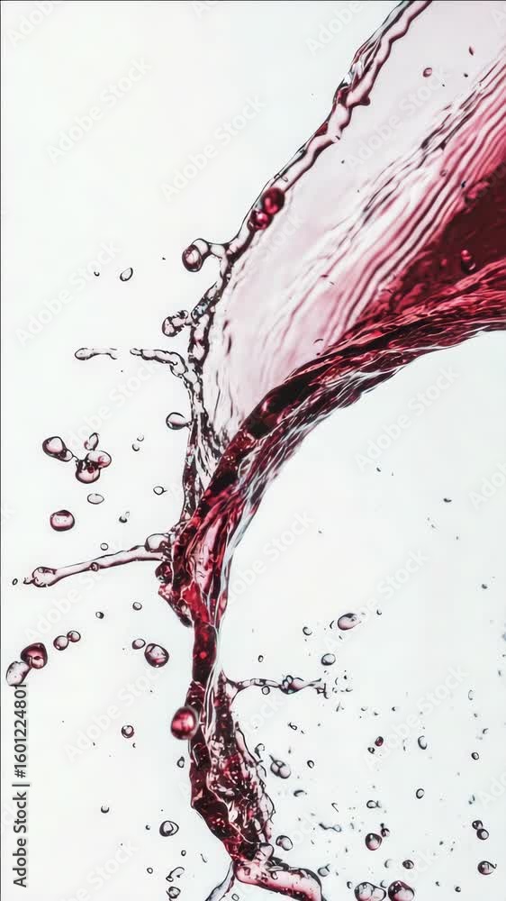 Poster A dynamic and artistic shot of a single drop of red wine on a transparent surface, creating an abstract effect.