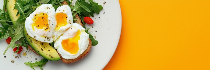 Healthy brunch banner with avocado toast and poached eggs for food blogs and nutrition websites, 3:1 header image in warm yellow tones, minimal layout with copy space on right
