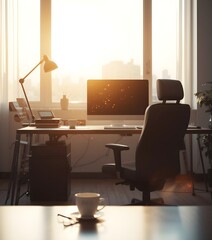 Fototapeta premium Empty Workspace at Golden Hour: The Absence of Routine 