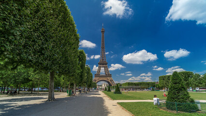 Eiffel Tower on Champs de Mars in Paris timelapse hyperlapse, France