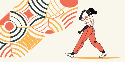 Flat Design Aesthetic: A Person in Active Pose Set Against an Intersecting Polygon Background

