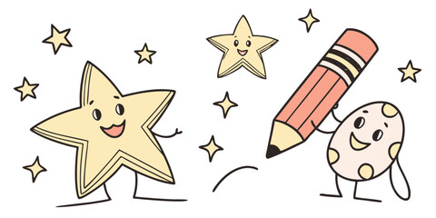 Cheerful Cartoon Stars and a Playful Egg Character Drawing with a Pencil

