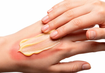 Applying healing cream on red irritated hand skin