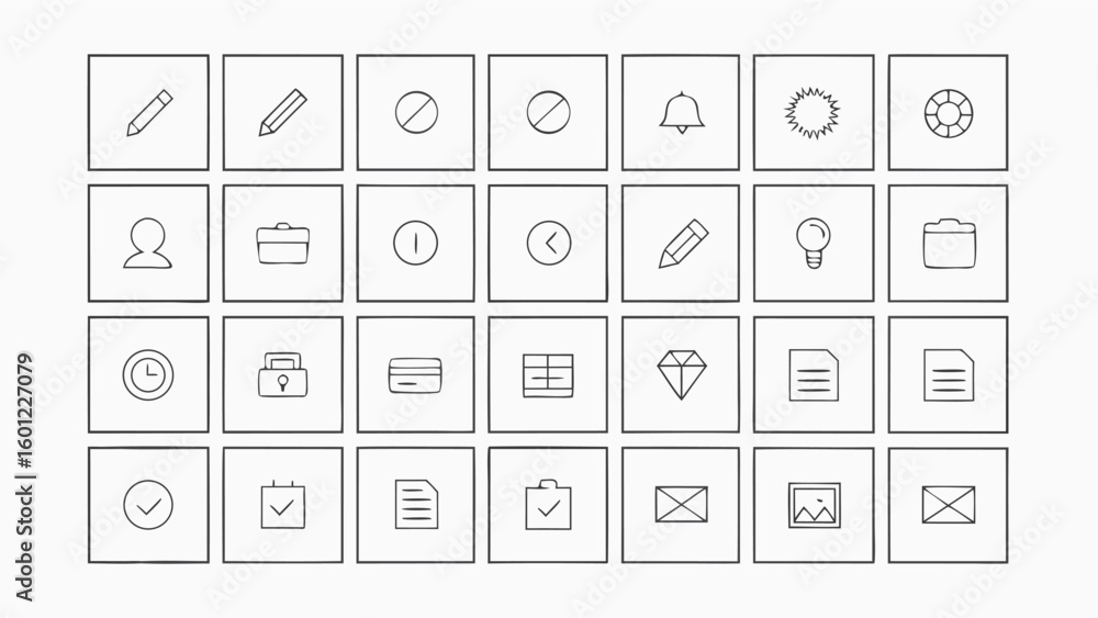 Poster collection of various hand drawn icons and symbols in a grid layout