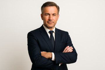 Confident Middle-Aged Businessman in Suit with Arms Crossed – Professional Corporate Portrait Isolated on White Background