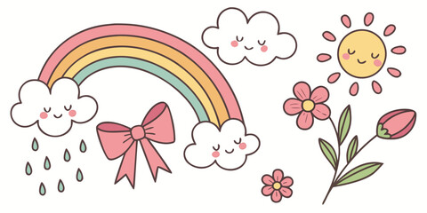 Charming Pastel-Colored Doodle Art of Nature Elements for Children's Design

