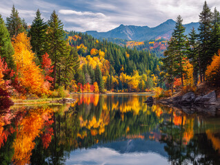 Fototapeta premium Serene autumn landscape with vibrant fall foliage reflected in a calm mountain lake