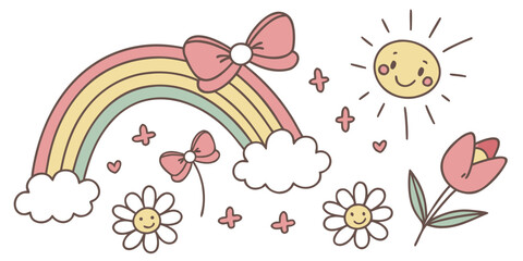 Sweet and Whimsical Rainbow with Bows, Smiling Sun, and Happy Flowers Illustration