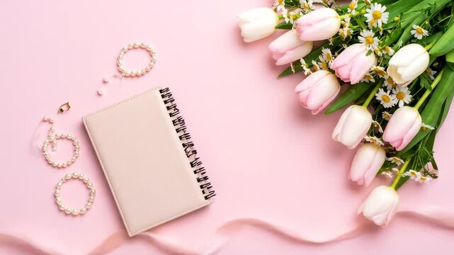 Delicate Spring Arrangement: Tulips, Pearls, and a Notebook