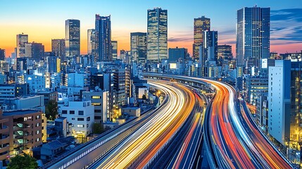 Obraz premium City skyline with a highway network at twilight.