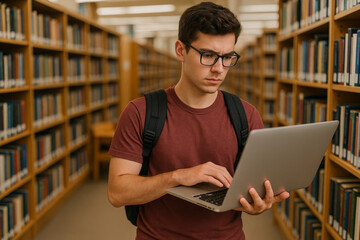 Focused University Student with Backpack and Laptop in Library – Academic Study Concept

