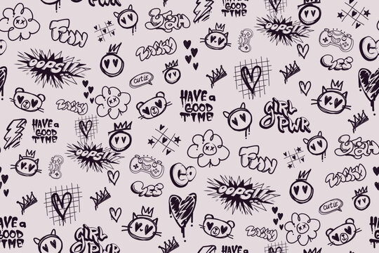 Seamless doodle pattern with kawaii cat and bear faces, hand drawn gaming controllers, hearts, crowns, stars, and words like Oops, Girl PWR, Have a Good Time. Teen girl sketch style, light background