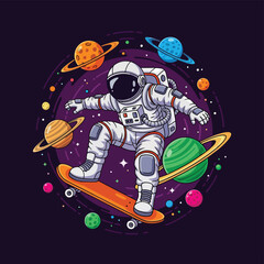 Adobe Illustrator artwork of an astronaut skateboarding in space, surrounded by vibrant planets and stars. Ideal for themes of extreme sports, cosmic adventure, and youthful energy