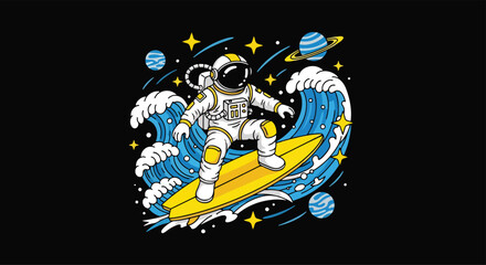 Adobe Illustrator artwork of an astronaut surfing a cosmic wave with planets, aliens, and a UFO. Ideal for themes of space adventure, unique sports, and fantasy