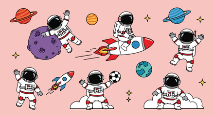 Adobe Illustrator artwork of cute cartoon astronauts in various poses with planets, rockets, and balloons. Ideal for space exploration, children's designs, and cosmic adventures