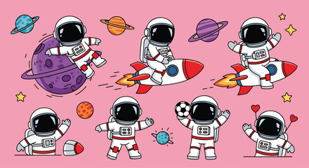 Adobe Illustrator artwork of cute cartoon astronauts in various poses with planets, rockets, and balloons. Ideal for space exploration, children's designs, and cosmic adventures