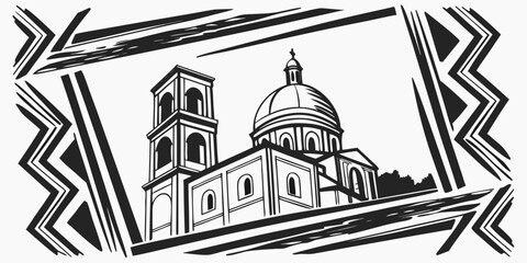 Vintage Ink Drawing Style Depicting an Impressive Domed Building on a Hillside with Abstract Framing

