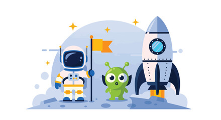 Adobe Illustrator artwork of a cute astronaut, a friendly alien, and a rocket on a moon-like surface. Ideal for themes of space exploration, cosmic friendship, and discovery