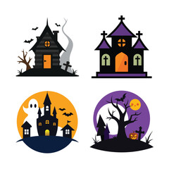 Vector art of a collection of four distinct halloweenthemed illustrations featuring haunted houses ghosts bats