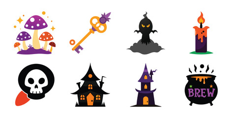 Vector art of a diverse set of eight individual halloween icons and graphics including magical mushrooms an ornate