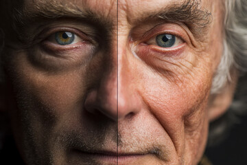 Obraz premium A striking comparison of youthful and aged skin reflected in a man's face