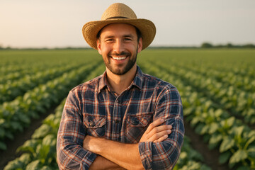 Smiling Male Farmer in Straw Hat with Crossed Arms in Field – Rural Portrait Outdoors