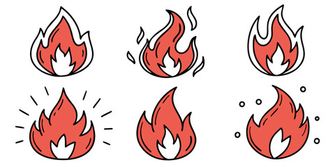 Set of Hand-Drawn Cartoon Fire Icons Representing Heat and Energy

