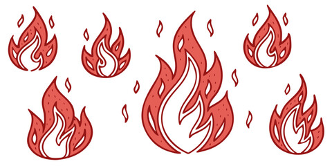 Collection of Stylized Fire Flames in Various Sizes with Outline Details

