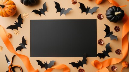 Fototapeta premium Celebrate the spirit of Halloween with a vibrant autumn arrangement featuring pumpkins, bats, and ribbons that create a festive, playful atmosphere, ideal for seasonal decorations.