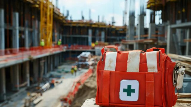 Red and white first aid kit containing essential items for treating minor injuries at a construction site.