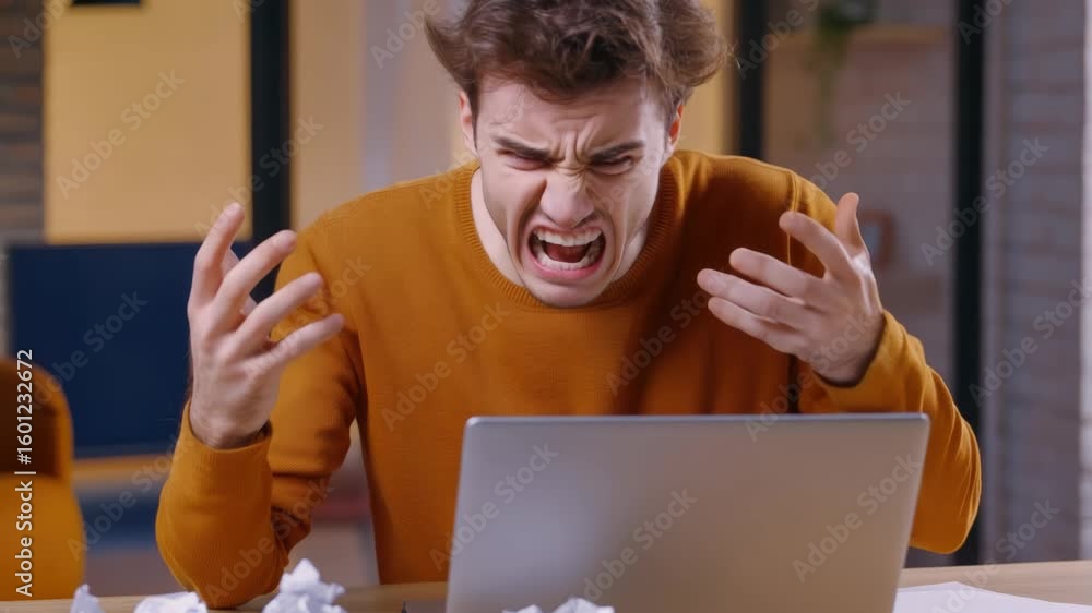 Poster young man with hand on face screaming, upset with work or computer problem. office setting.