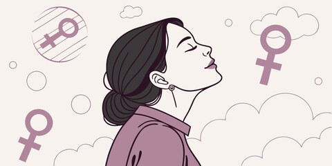 A beautiful vector illustration of a girl's face in profile, with long flowing hair adorned by a pink flower, embodying love and fashion