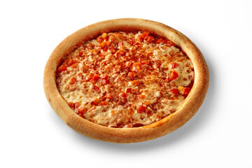 Delicious pizza with melted cheese and diced tomatoes resting on white background